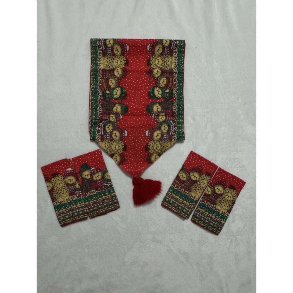 Vintage Red Christmas Lucy Rigg Teddy Bears Table Runner 4 Napkins Holiday